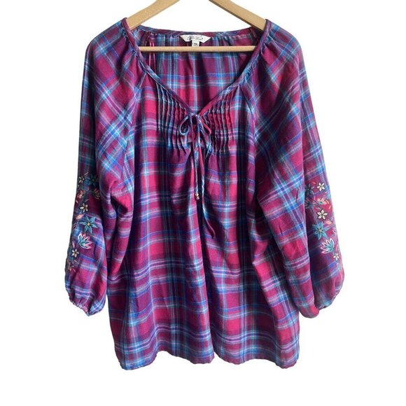 The Pioneer Woman Pink Blue Purple Plaid Peasant Top Flannel Embroidered Size XX - Picture 2 of 8